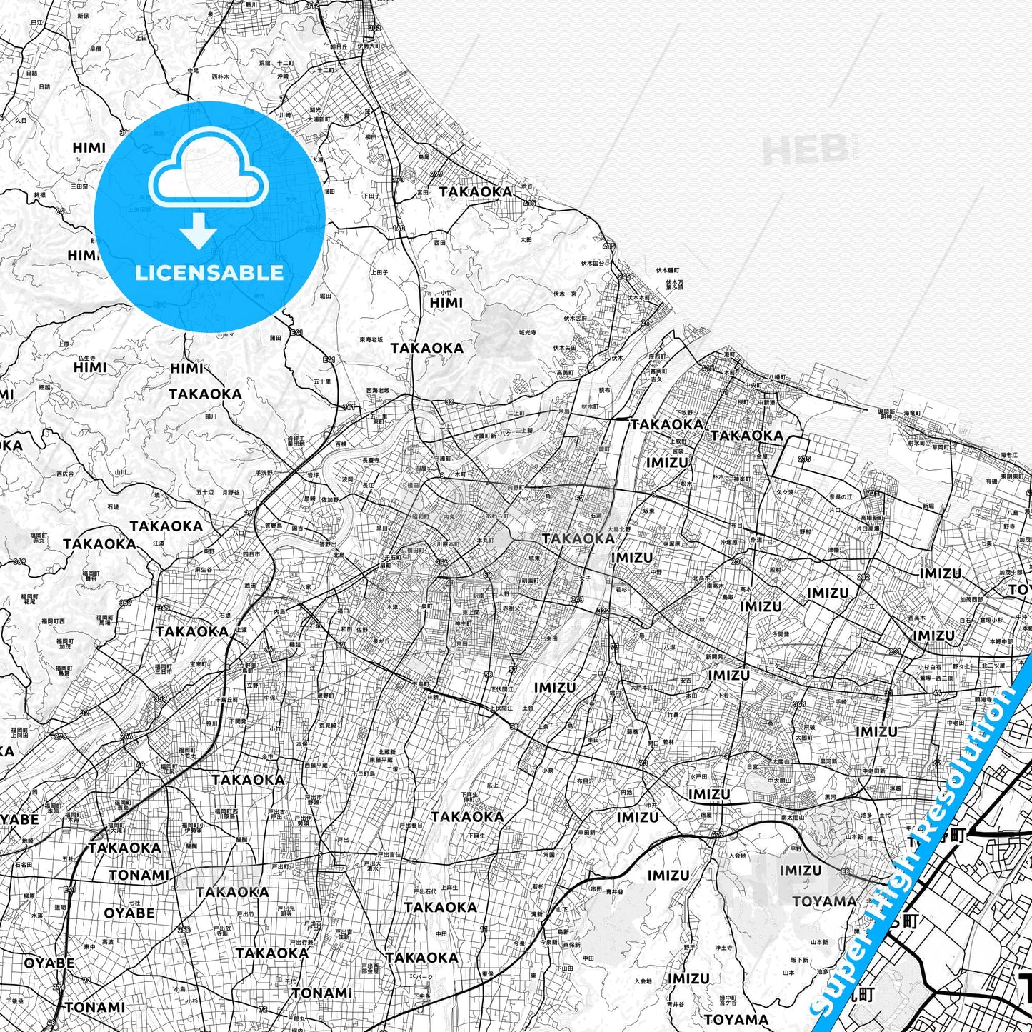 Takaoka, Japan light map with streetnames, citynames and districts