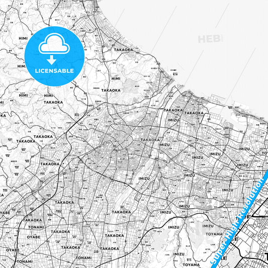 Takaoka, Japan light map with streetnames, citynames and districts
