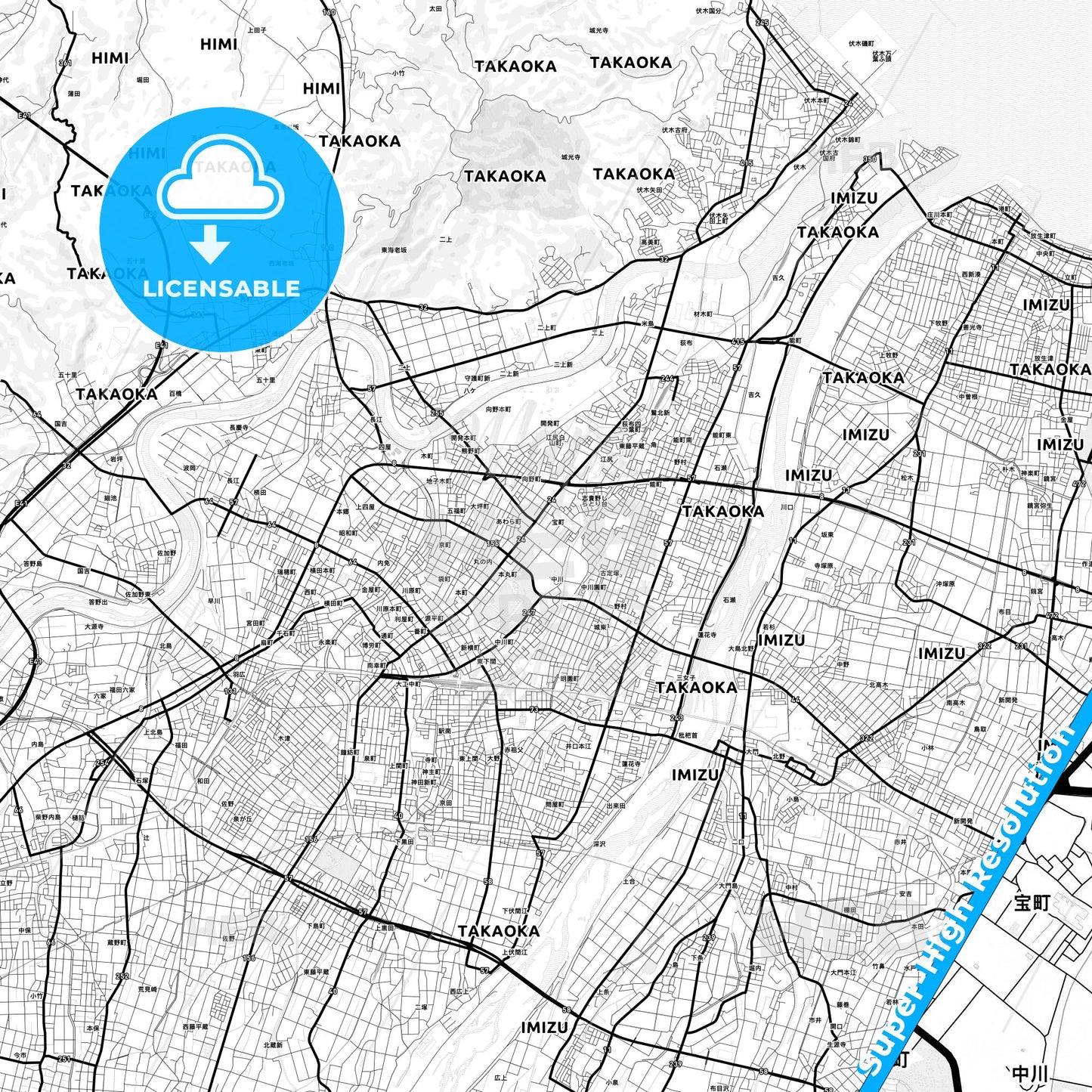 Takaoka, Japan Light Map with Street Names, City Names, and Districts