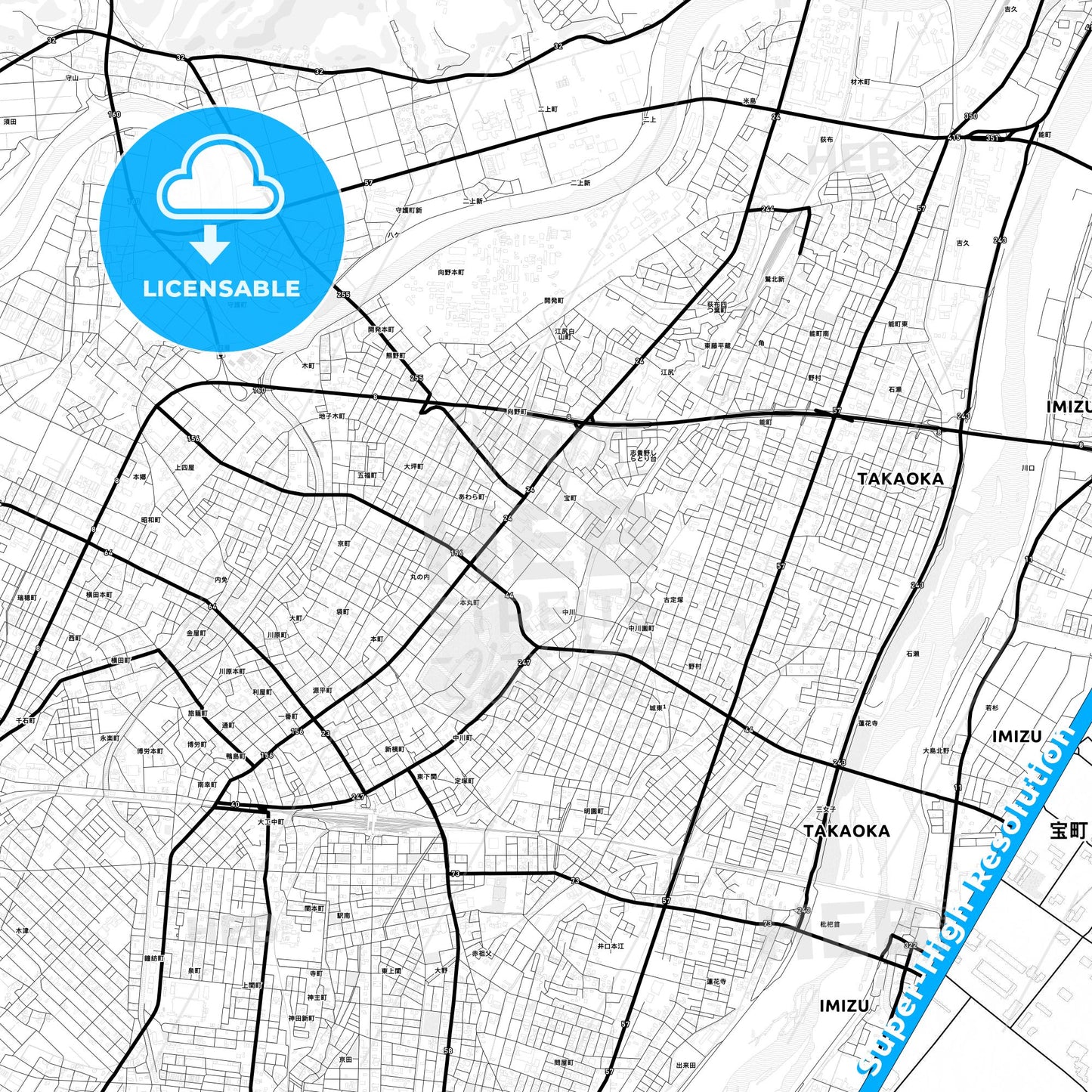 Takaoka, Japan Light Map with Street Names, City Names, and Districts