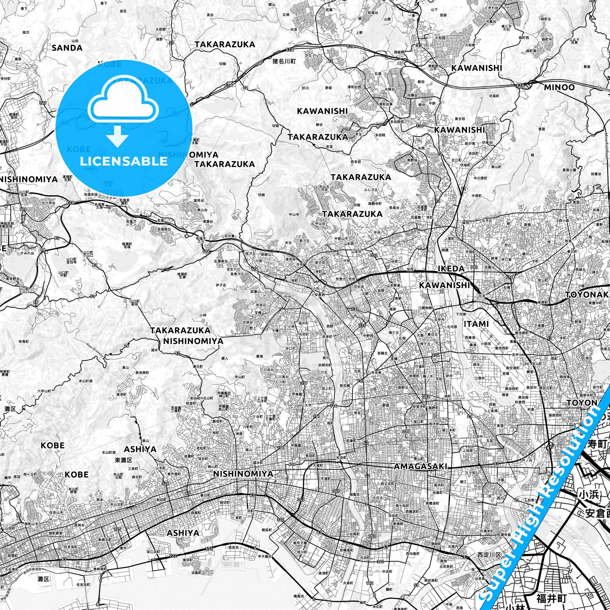 Takarazuka, Japan light map with streetnames, citynames and districts