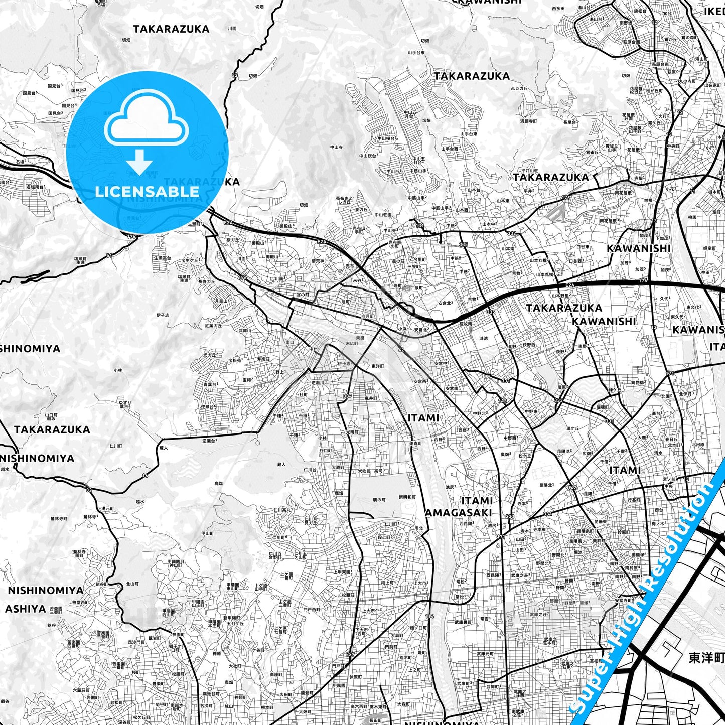 Takarazuka, Japan Light Map with Street Names, City Names, and Districts