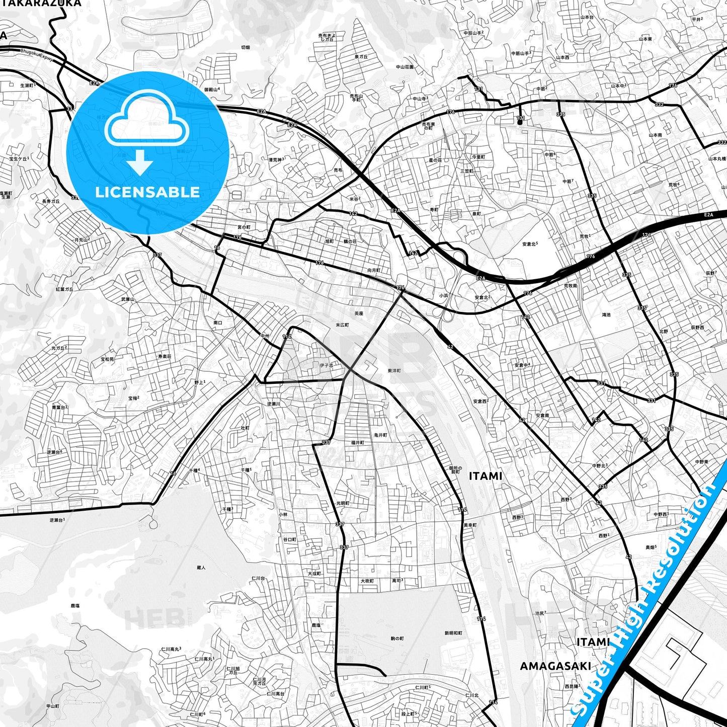 Takarazuka, Japan Light Map with Street Names, City Names, and Districts