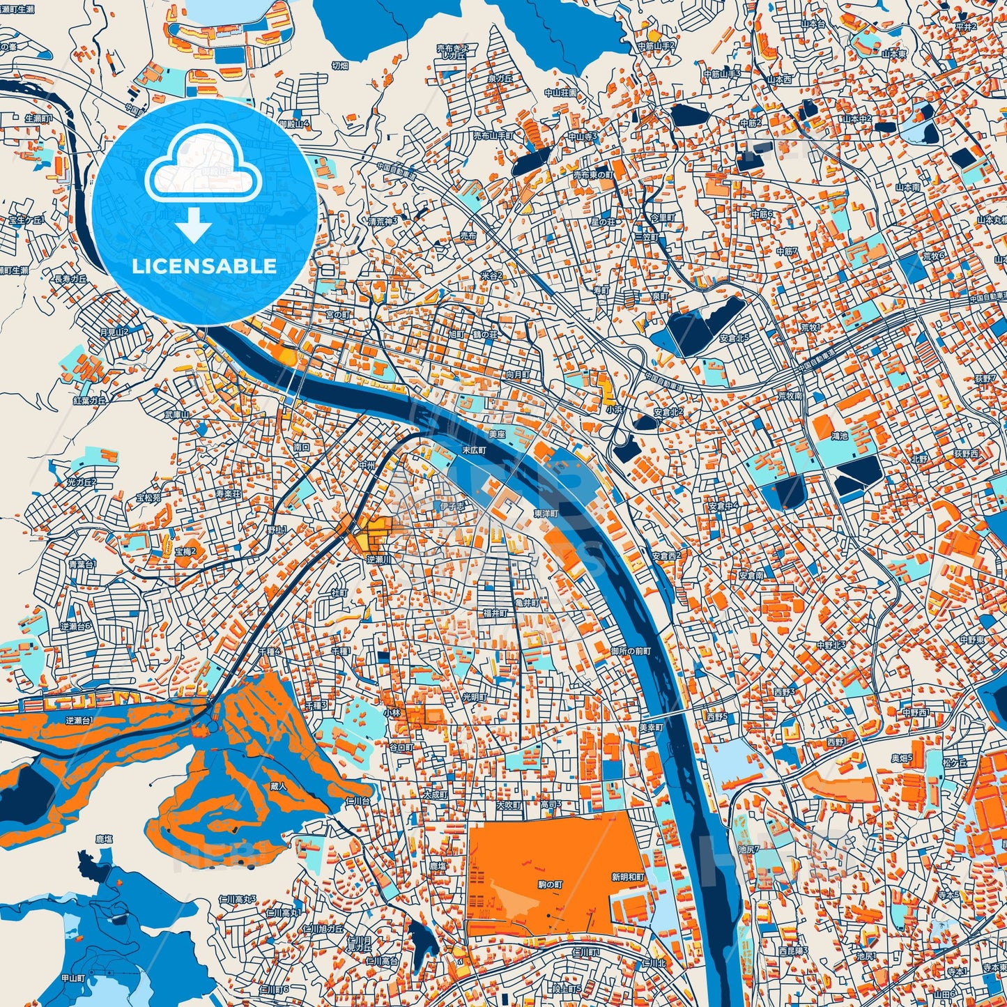 Colorful Takarazuka Street Map with Labels and Buildings