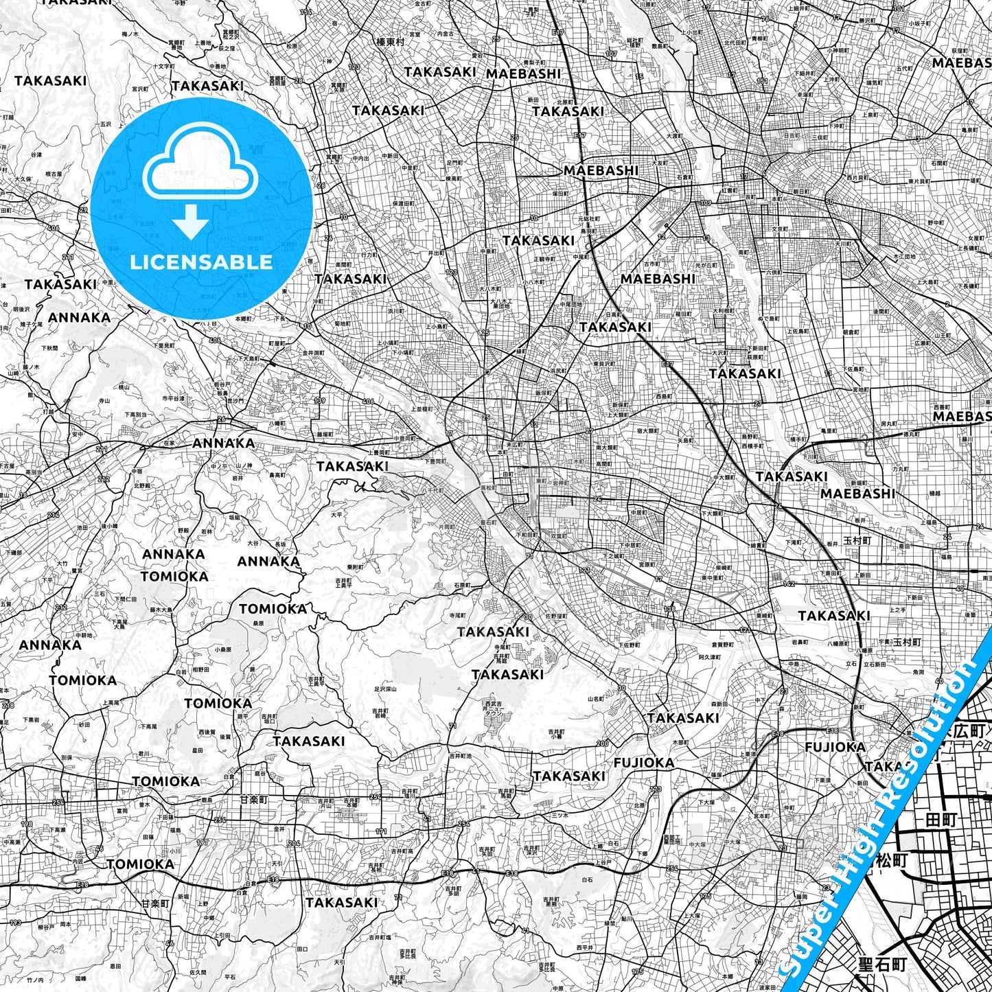 Takasaki, Japan light map with streetnames, citynames and districts