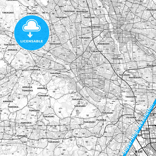 Takasaki, Japan light map with streetnames, citynames and districts