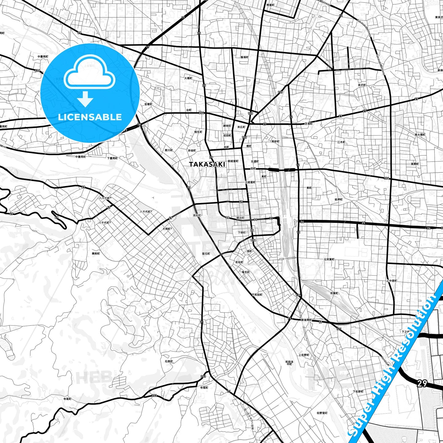 Takasaki, Japan Light Map with Street Names, City Names, and Districts