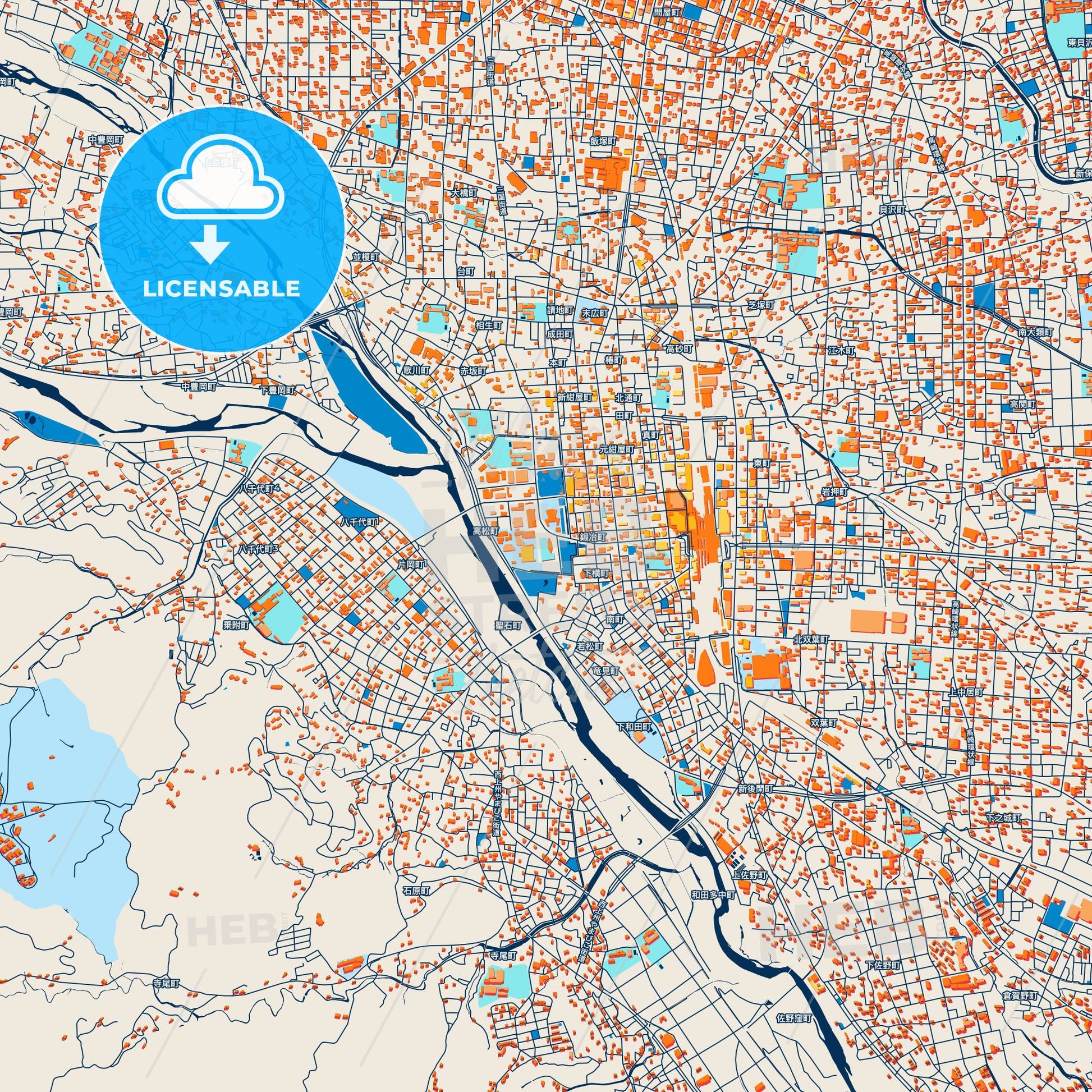 Colorful Takasaki Street Map with Labels and Buildings