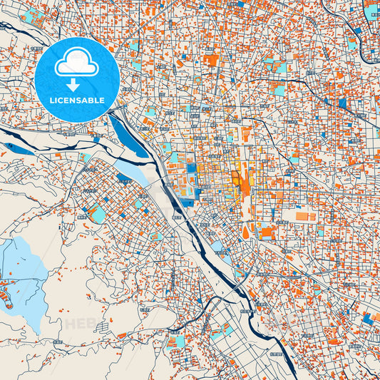 Colorful Takasaki Street Map with Labels and Buildings