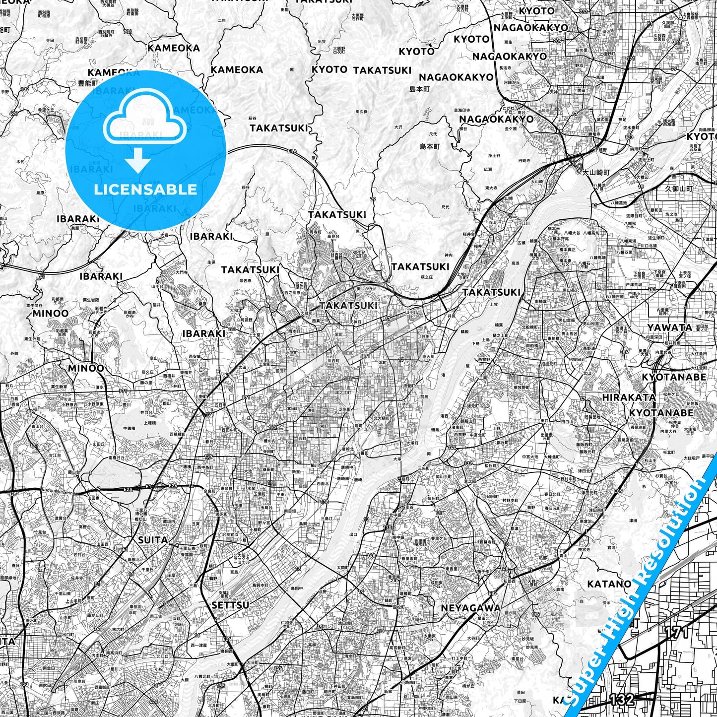 Takatsuki, Japan light map with streetnames, citynames and districts