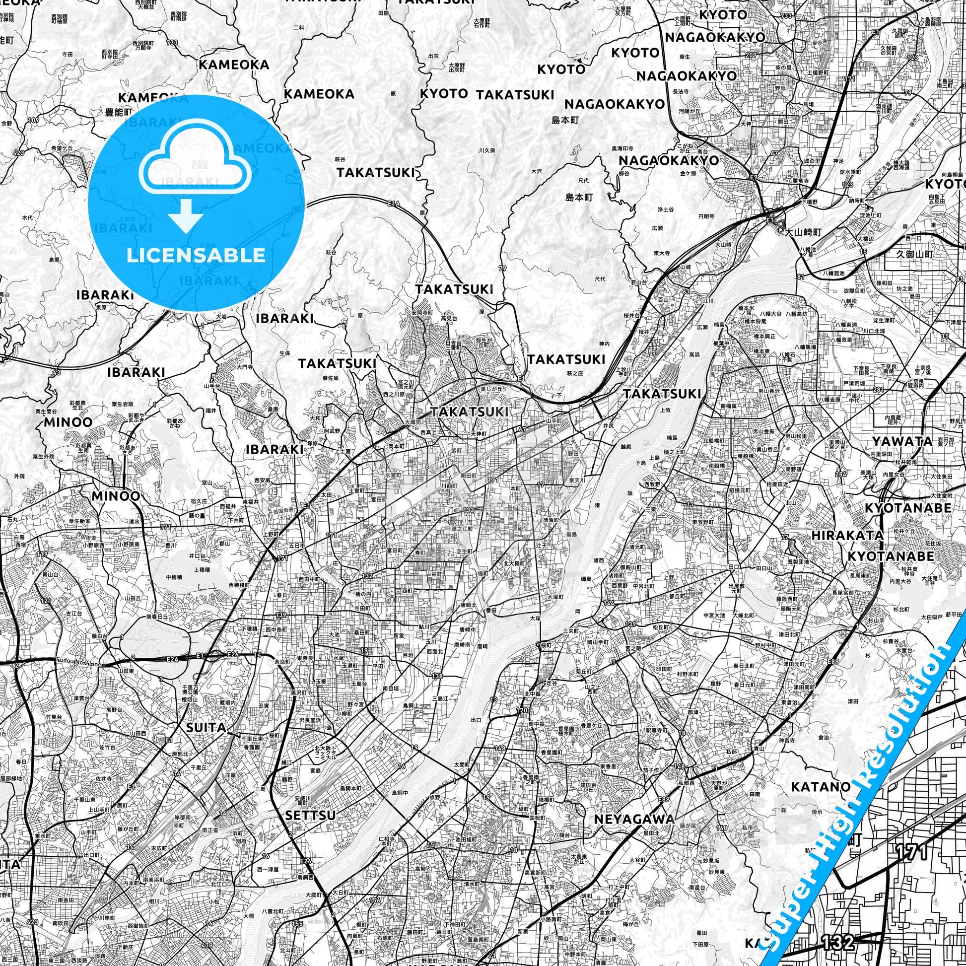 Takatsuki, Japan light map with streetnames, citynames and districts
