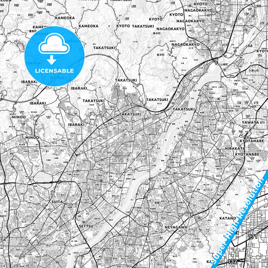 Takatsuki, Japan light map with streetnames, citynames and districts