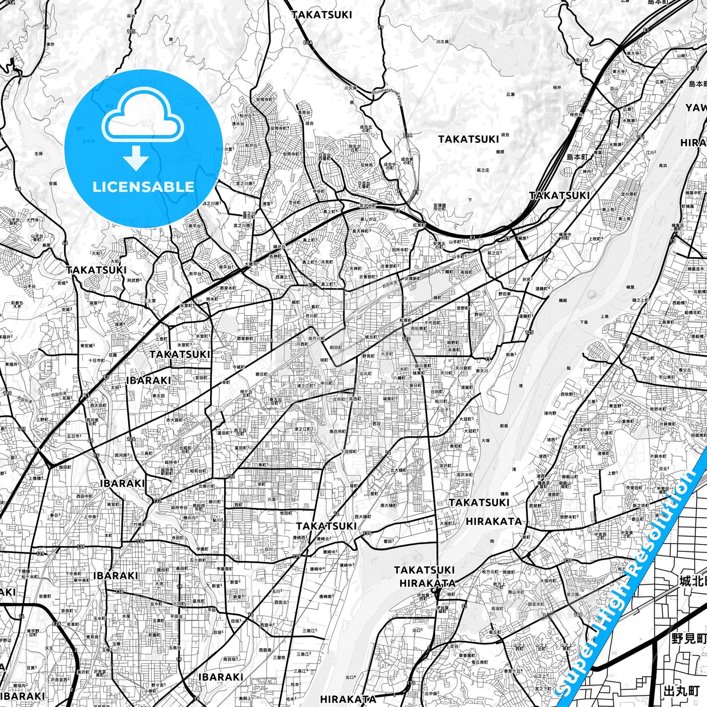 Takatsuki, Japan Light Map with Street Names, City Names, and Districts