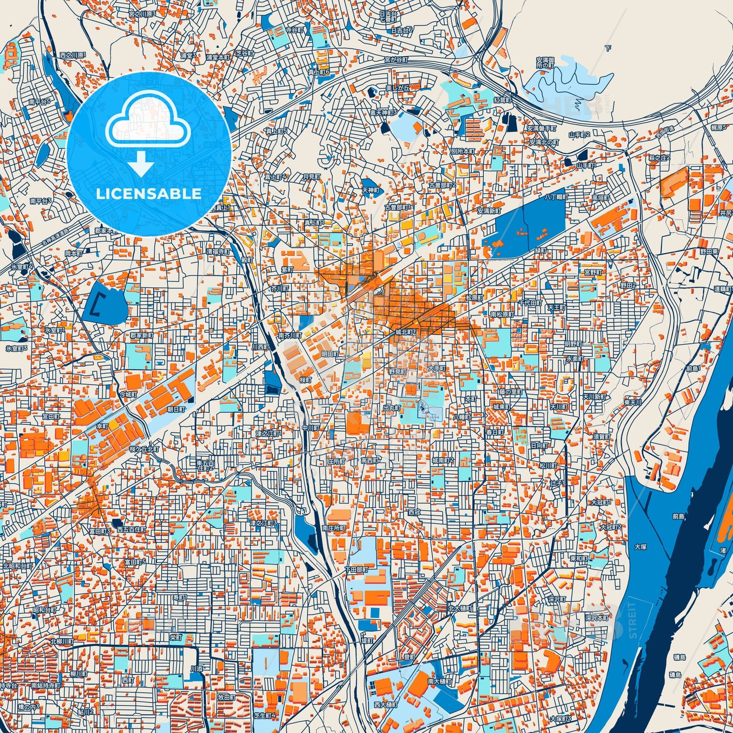 Colorful Takatsuki Street Map with Labels and Buildings