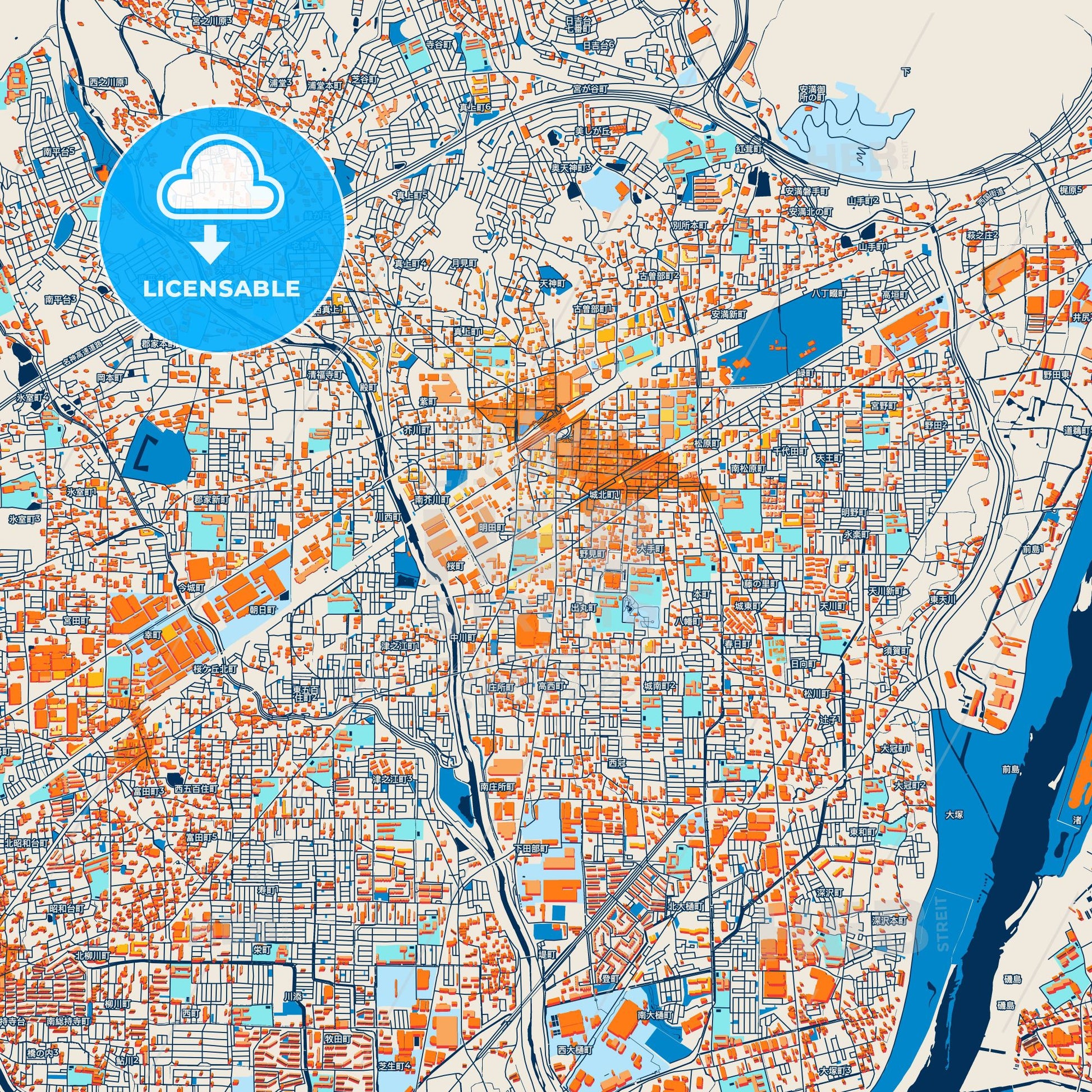 Colorful Takatsuki Street Map with Labels and Buildings