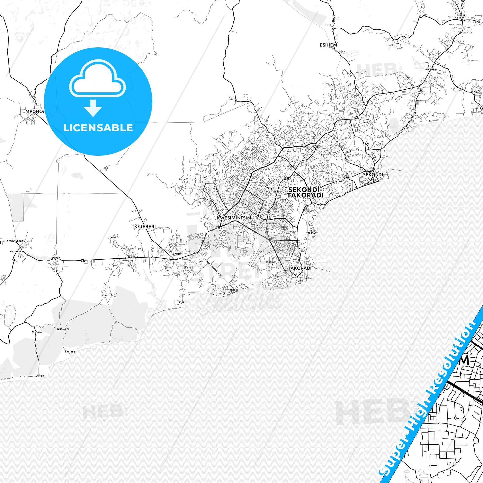 Takoradi, Ghana light map with streetnames, citynames and districts
