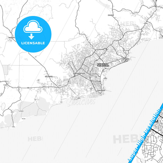 Takoradi, Ghana light map with streetnames, citynames and districts