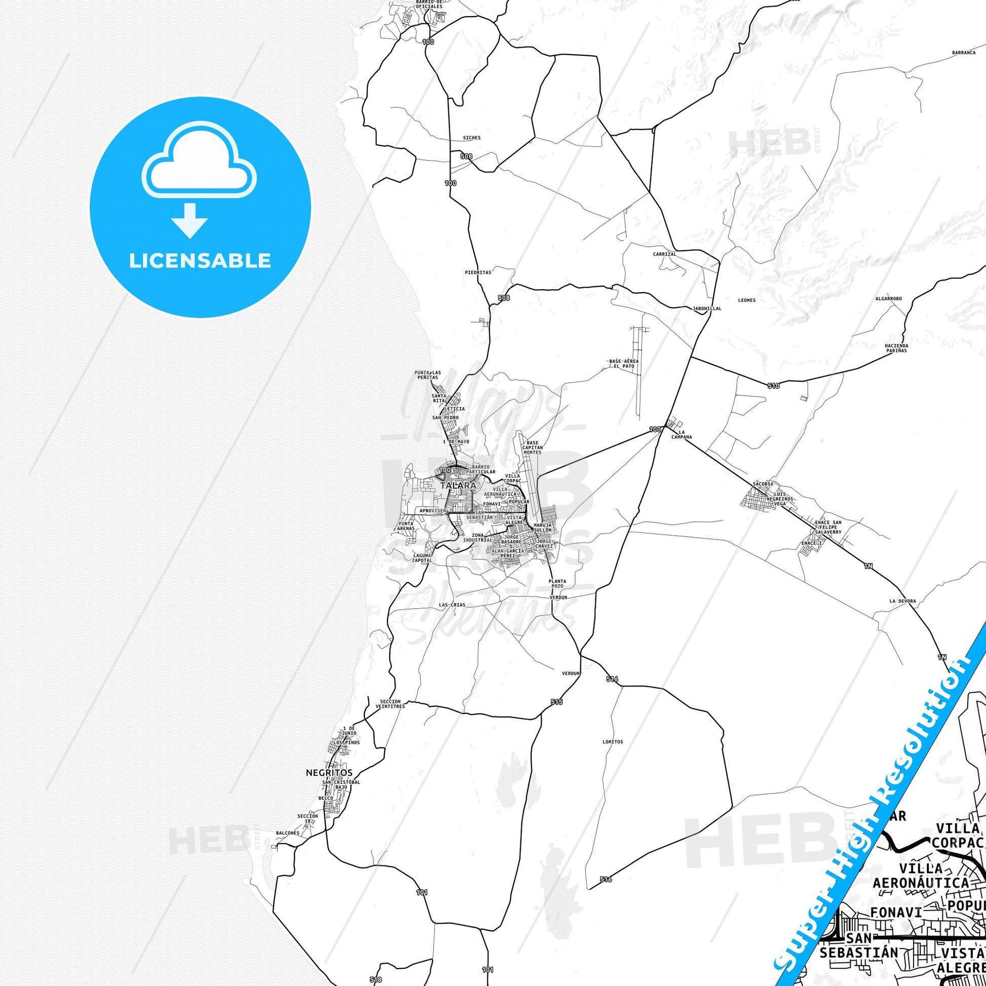Talara, Peru light map with streetnames, citynames and districts