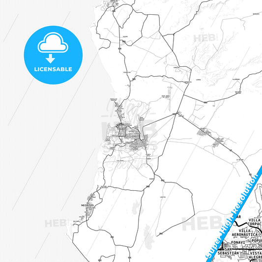 Talara, Peru light map with streetnames, citynames and districts