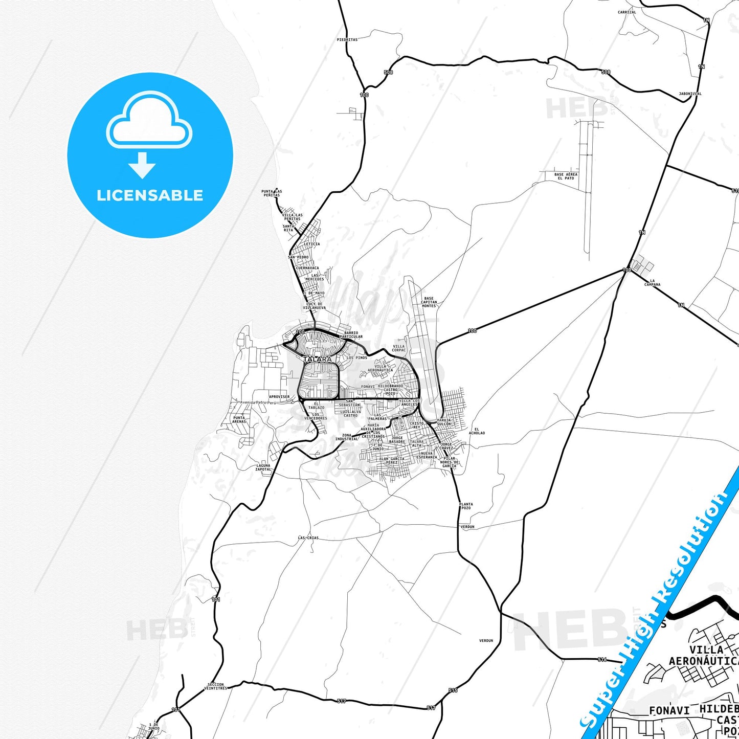 Talara, Peru Light Map with Street Names, City Names, and Districts