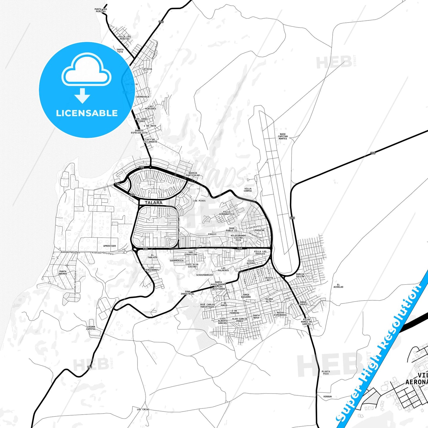 Talara, Peru Light Map with Street Names, City Names, and Districts