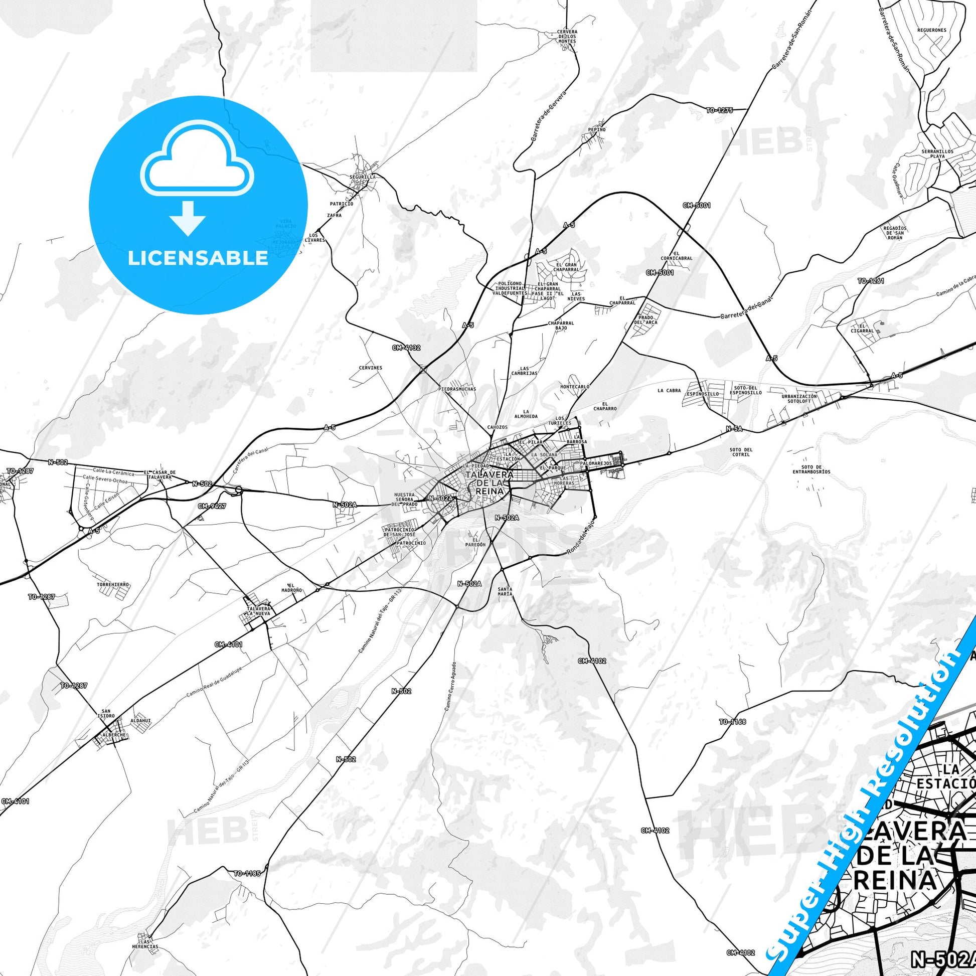 Talavera de la Reina, Spain light map with streetnames, citynames and districts