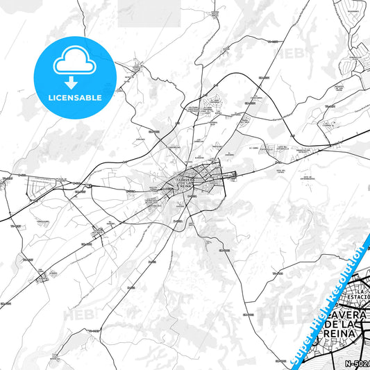 Talavera de la Reina, Spain light map with streetnames, citynames and districts