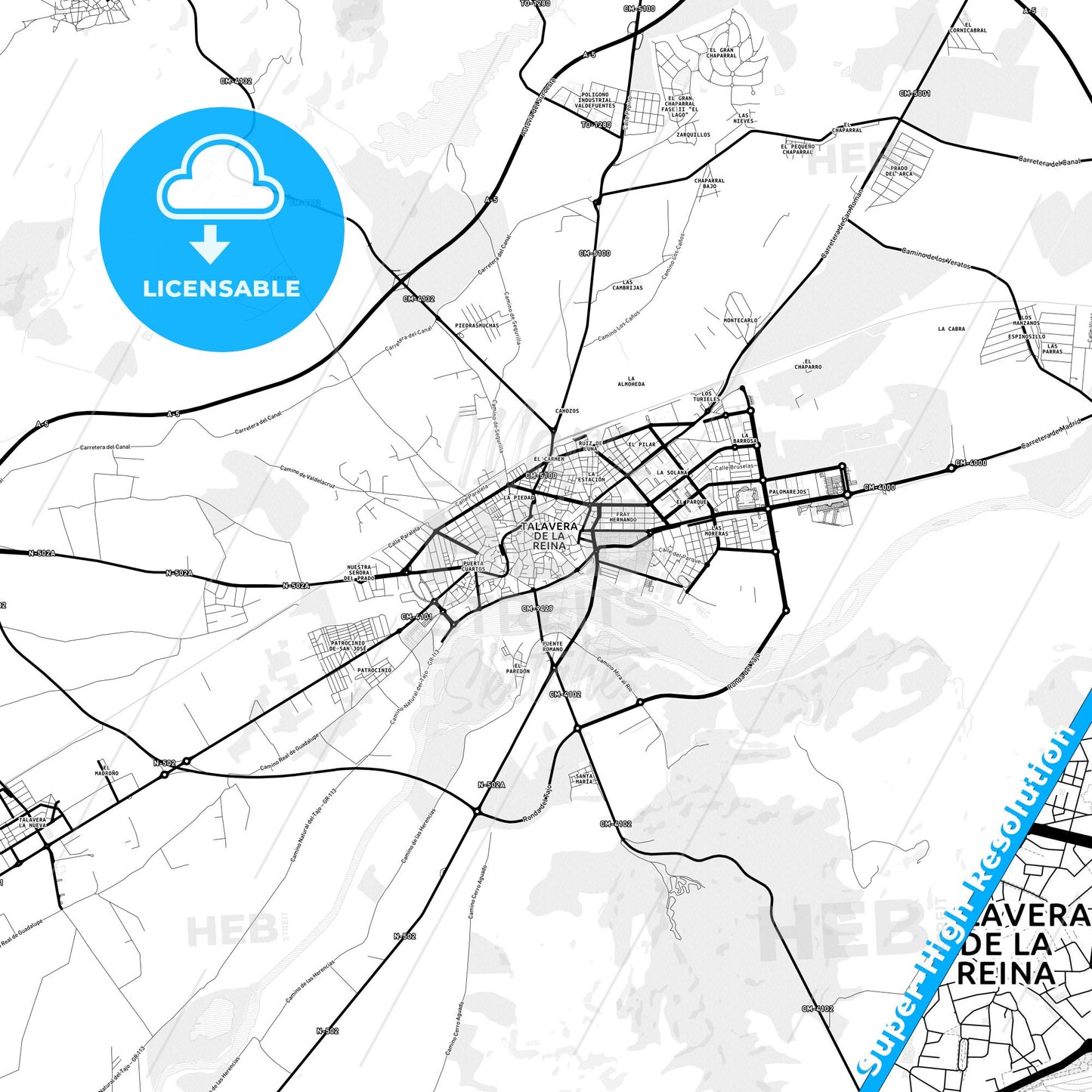 Talavera de la Reina, Spain Light Map with Street Names, City Names, and Districts