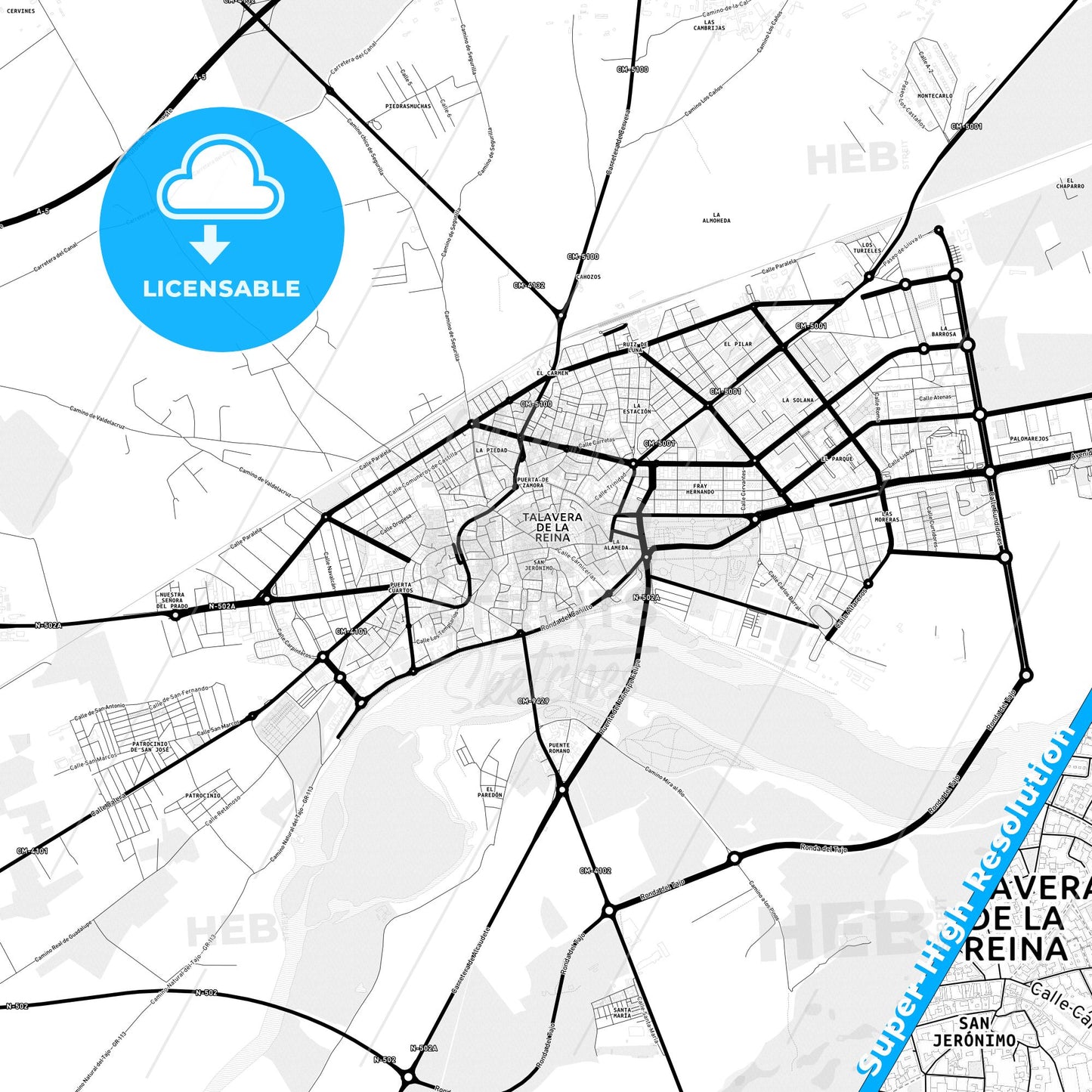 Talavera de la Reina, Spain Light Map with Street Names, City Names, and Districts