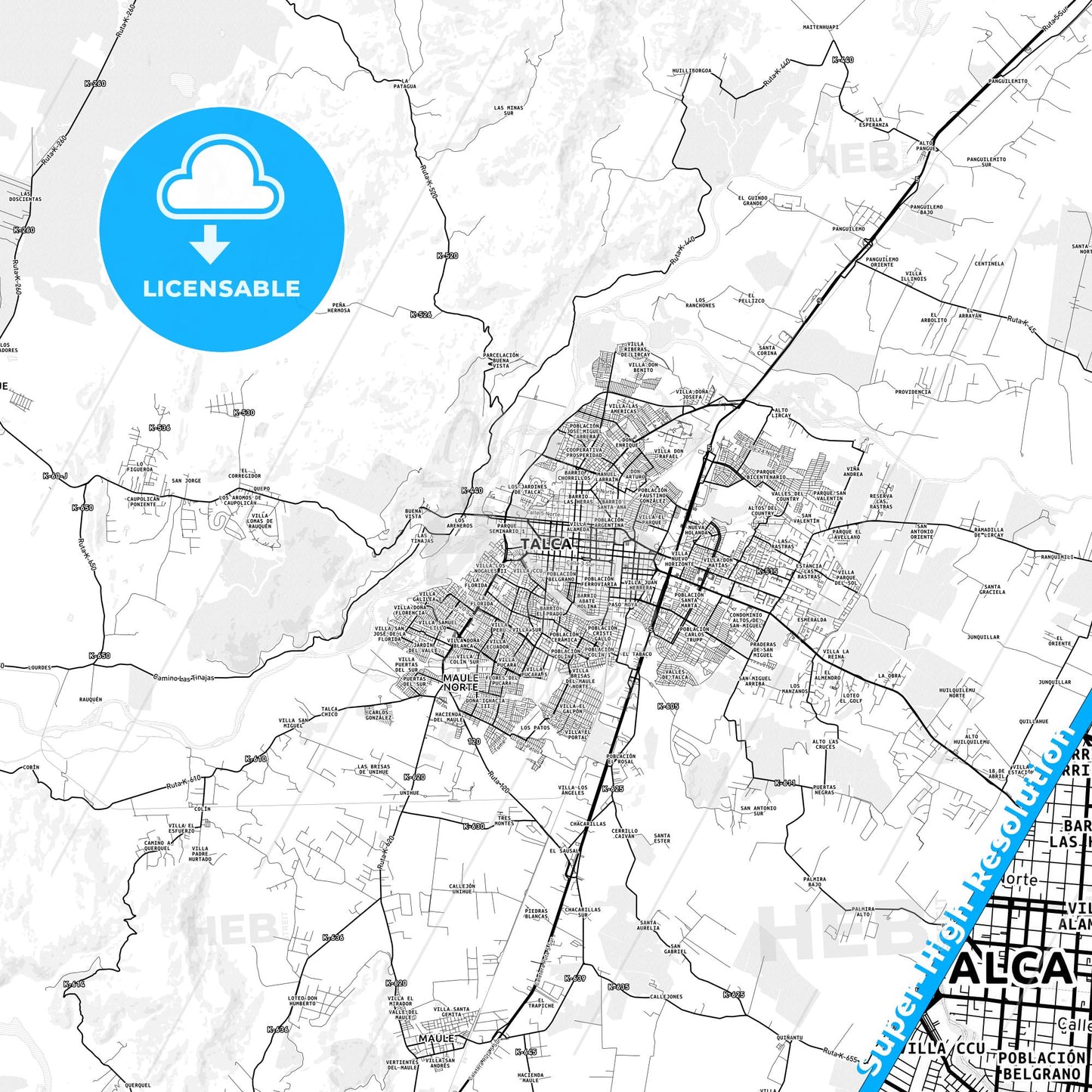 Talca, Chile light map with streetnames, citynames and districts