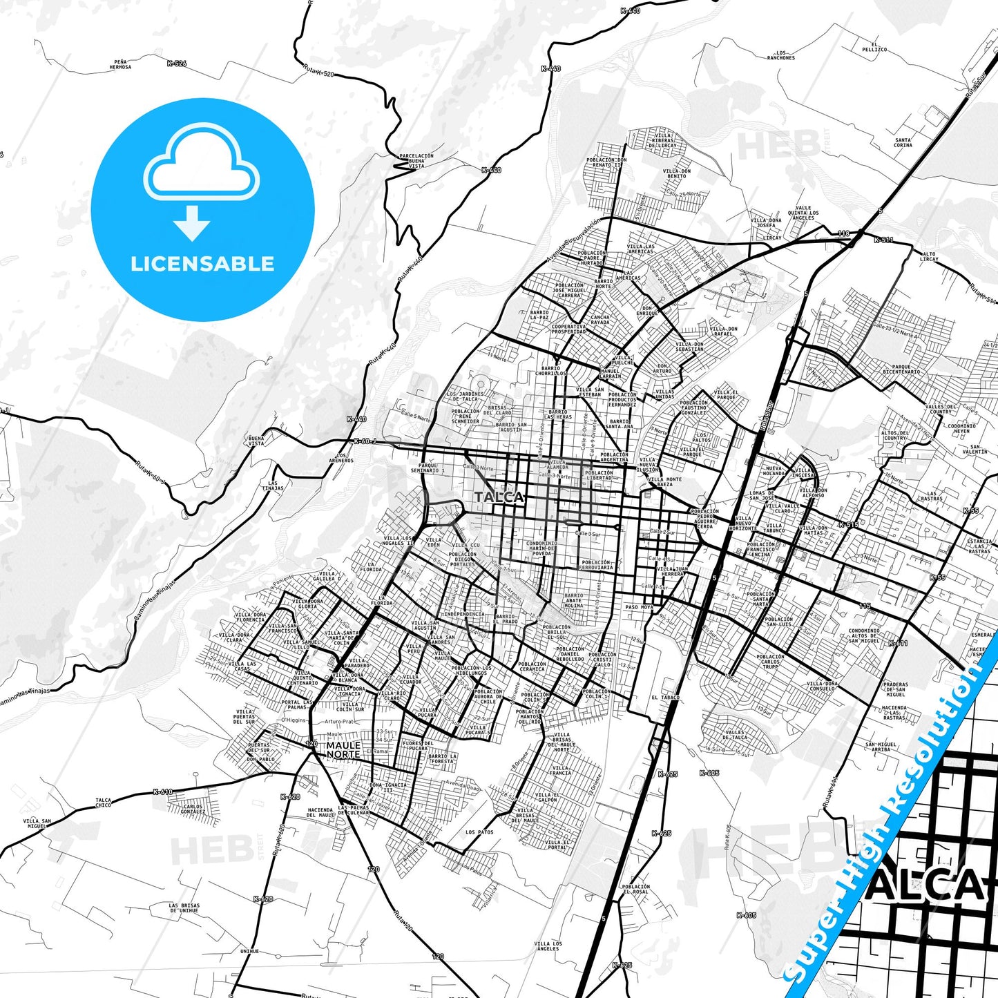 Talca, Chile Light Map with Street Names, City Names, and Districts