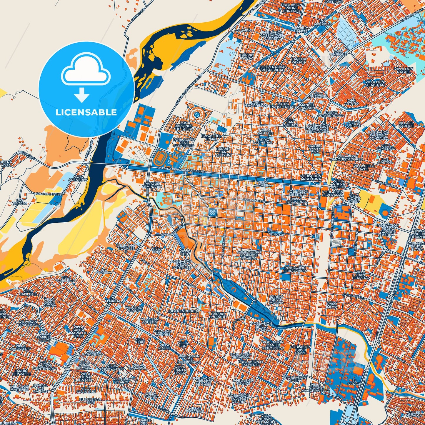 Colorful Talca Street Map with Labels and Buildings