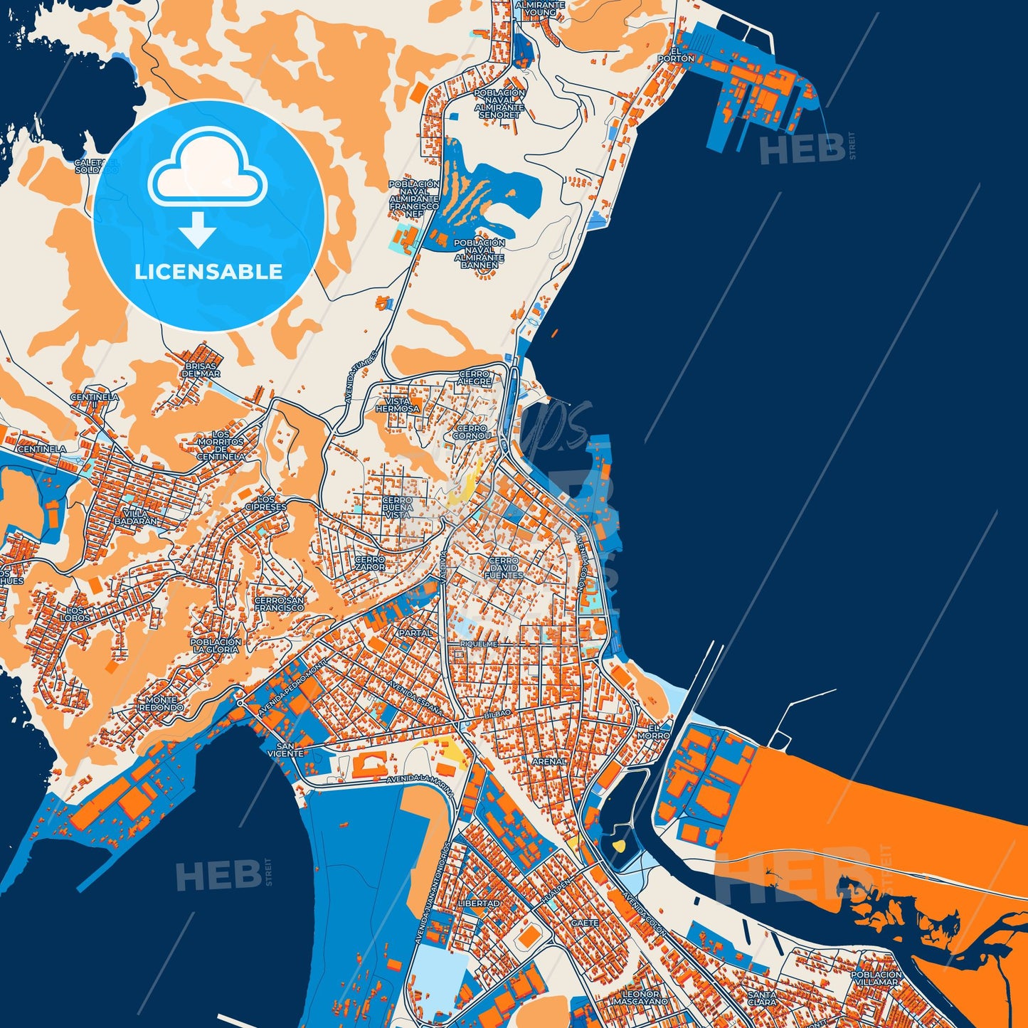 Colorful Talcahuano Street Map with Labels and Buildings