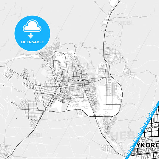 Taldykorgan, Kazakhstan light map with streetnames, citynames and districts