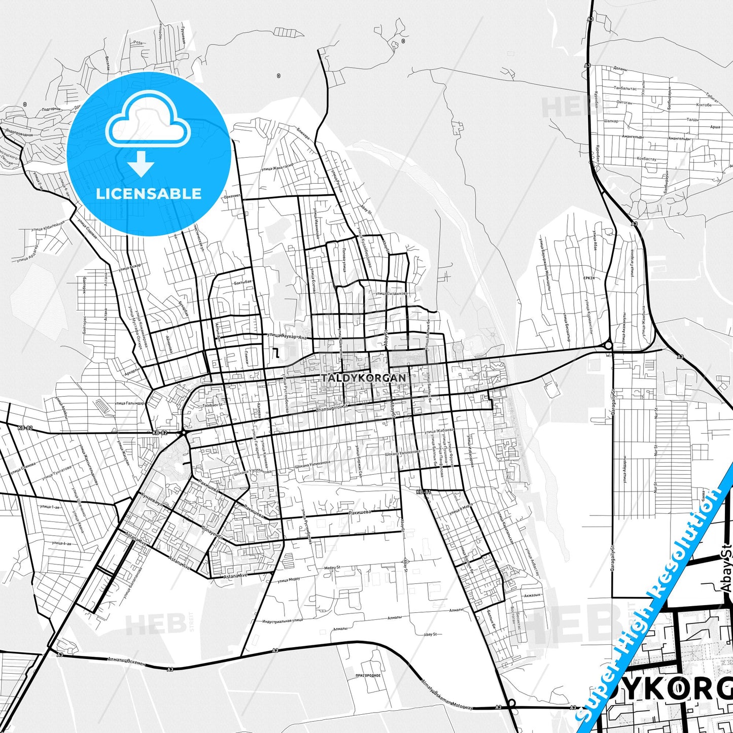 Taldykorgan, Kazakhstan Light Map with Street Names, City Names, and Districts