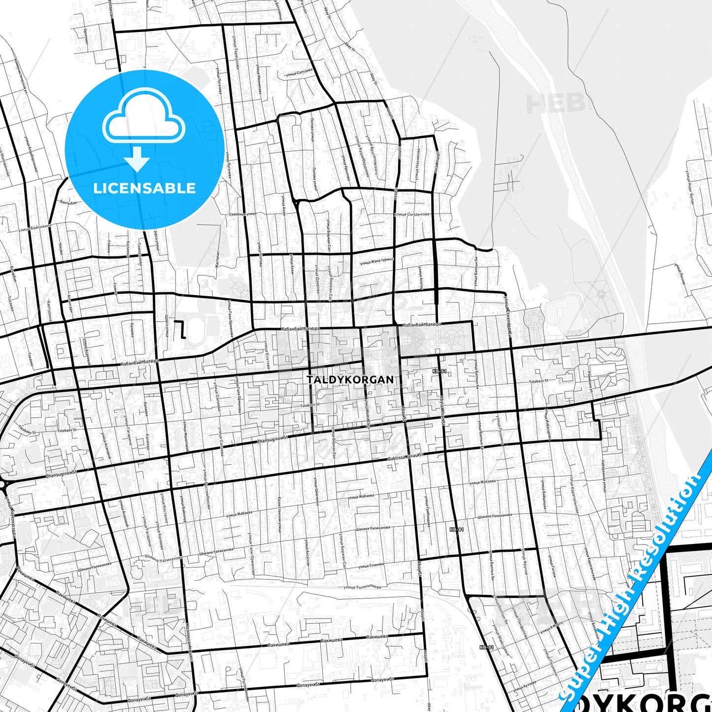 Taldykorgan, Kazakhstan Light Map with Street Names, City Names, and Districts