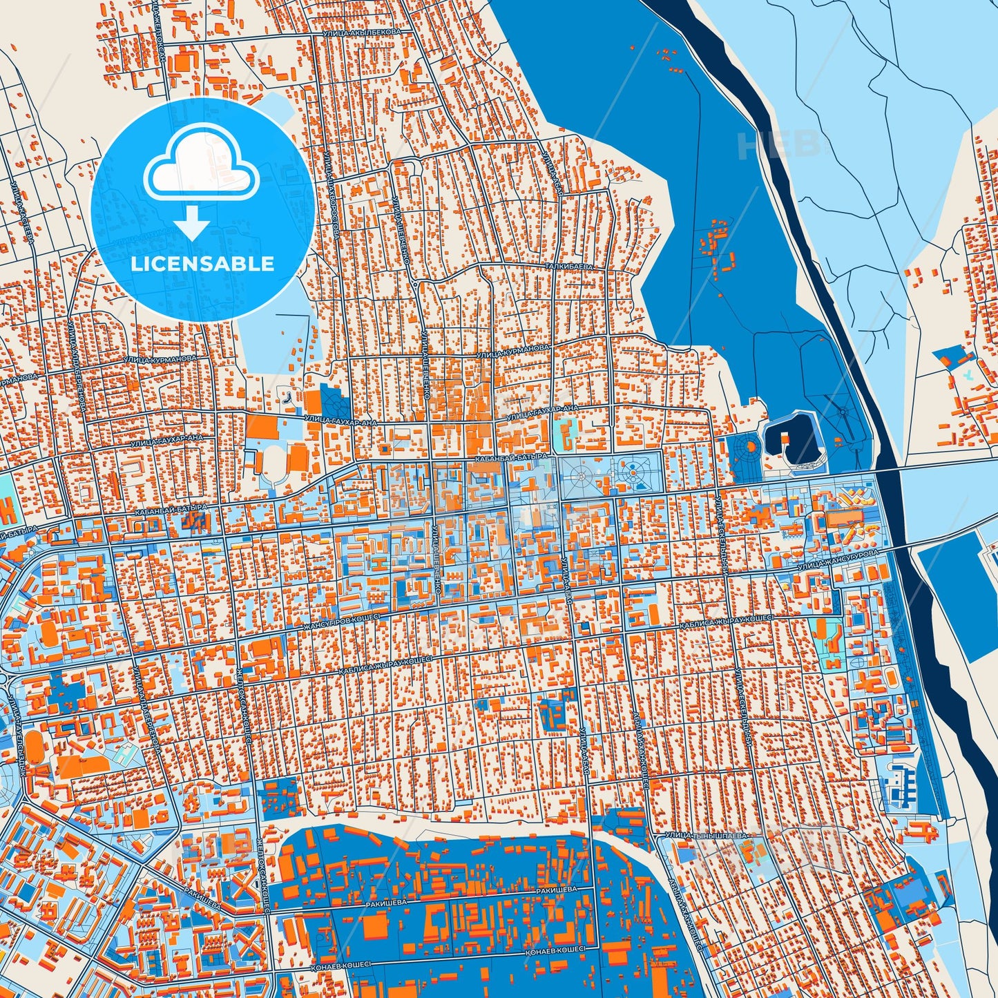Colorful Taldykorgan Street Map with Labels and Buildings