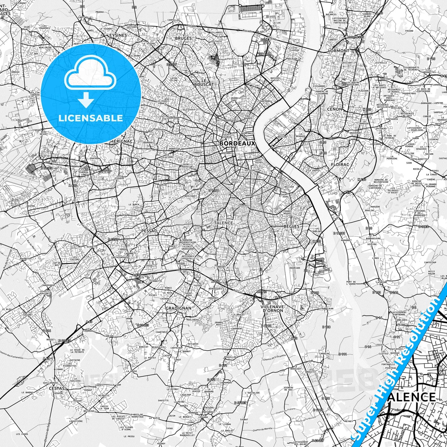 Talence, France light map with streetnames, citynames and districts