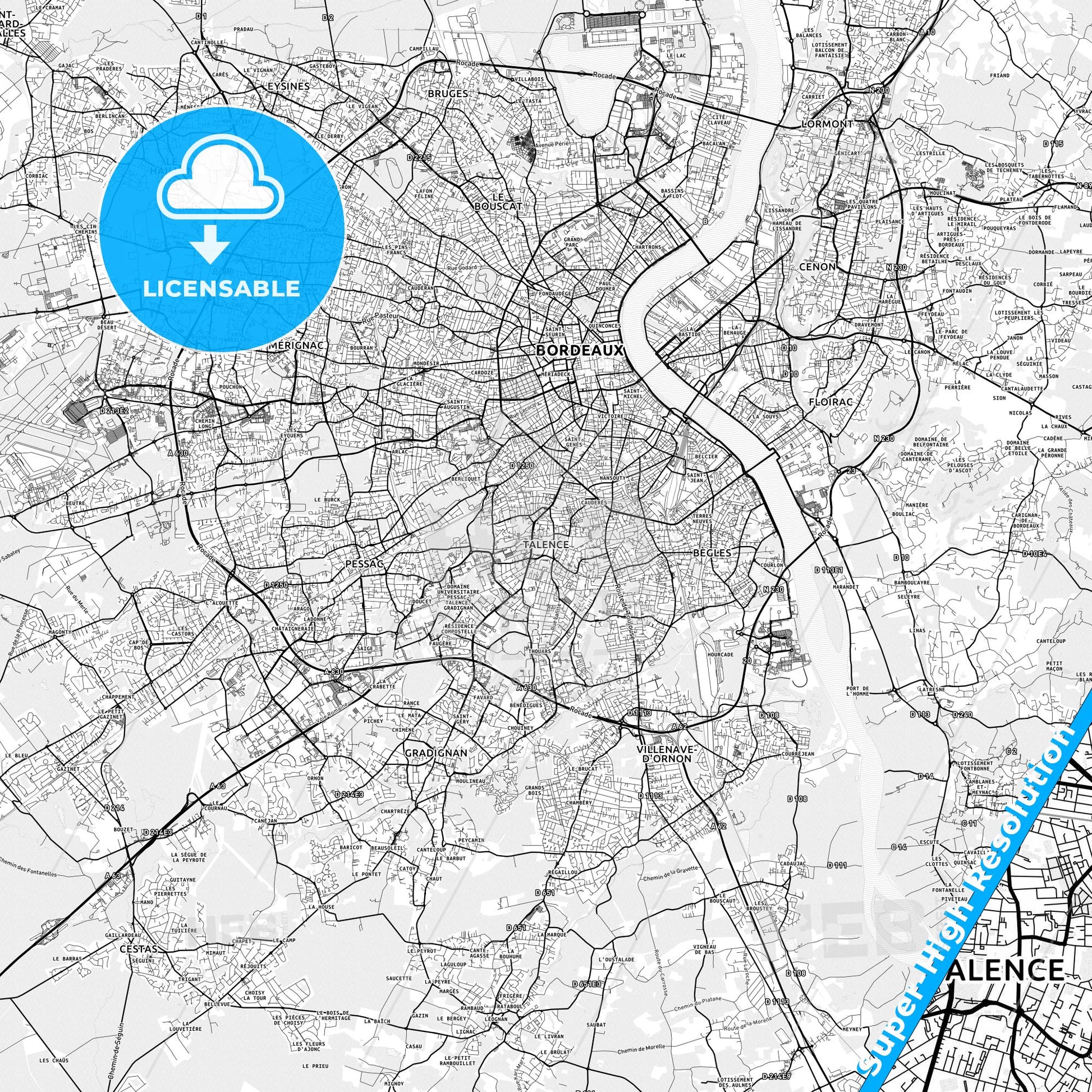 Talence, France light map with streetnames, citynames and districts