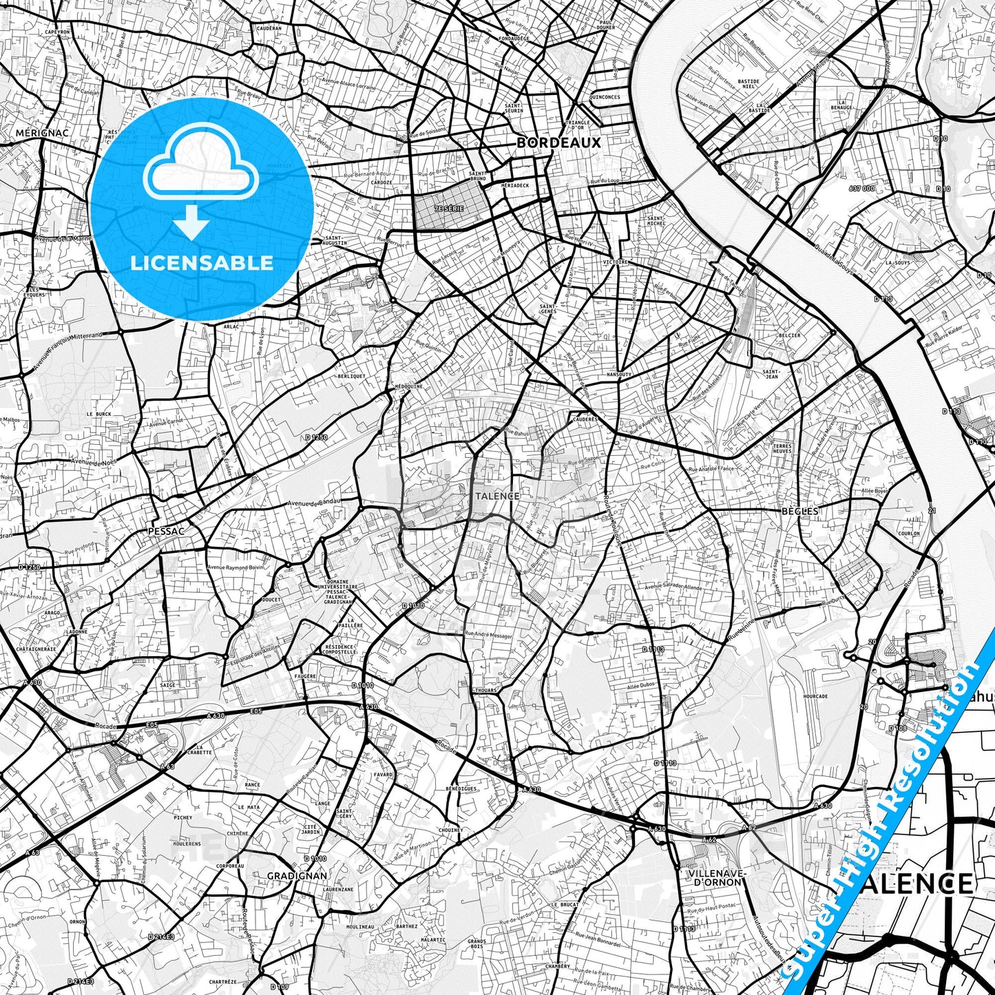 Talence, France Light Map with Street Names, City Names, and Districts