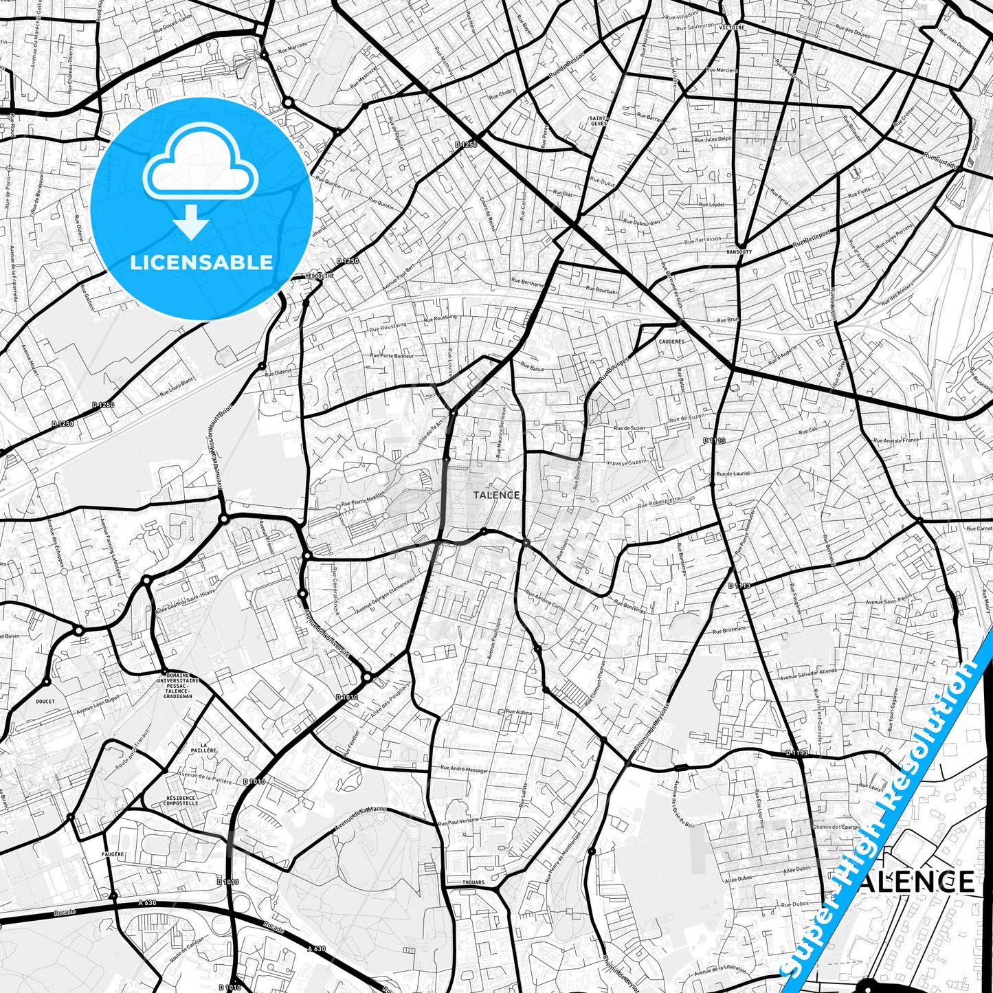 Talence, France Light Map with Street Names, City Names, and Districts