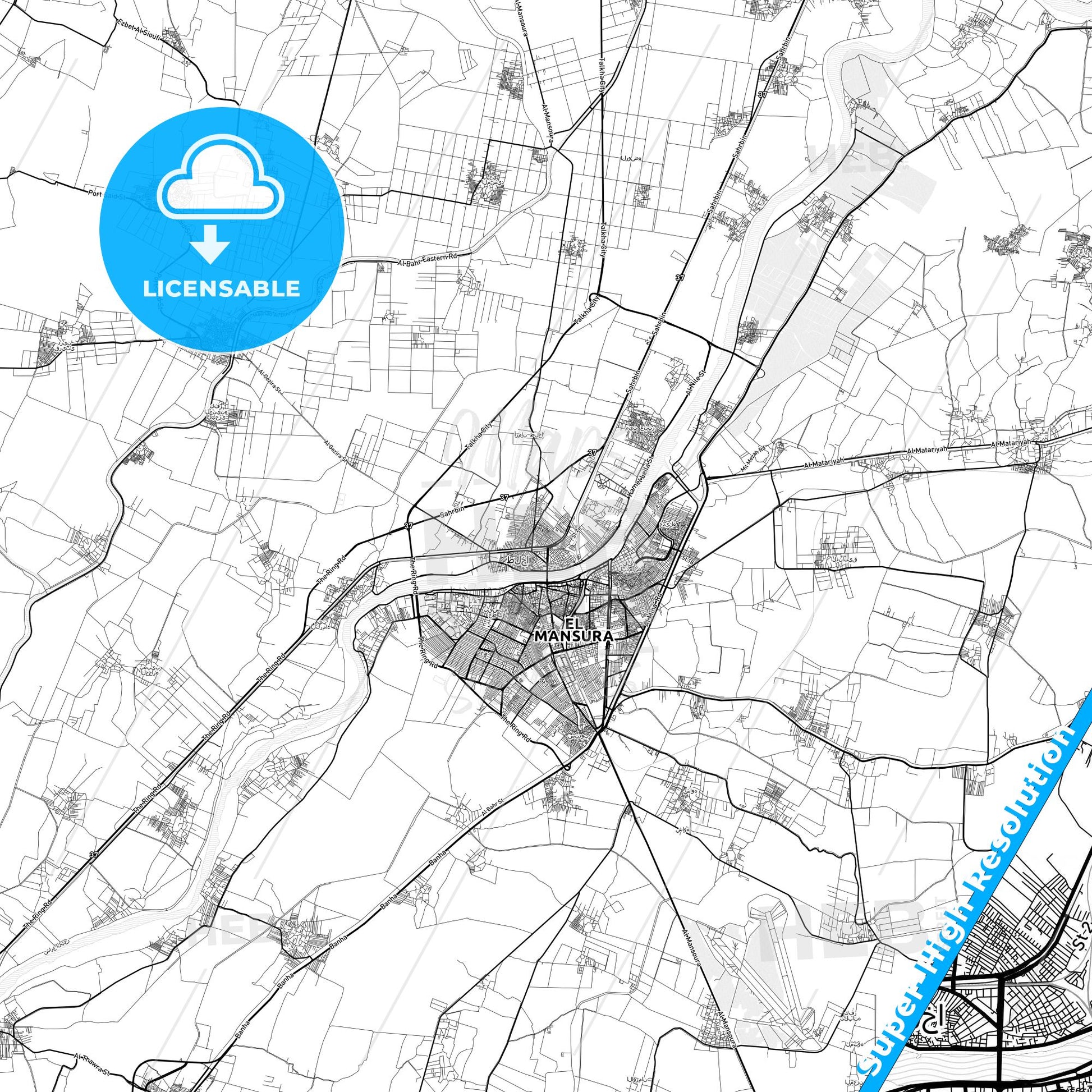 Talkha, Egypt light map with streetnames, citynames and districts