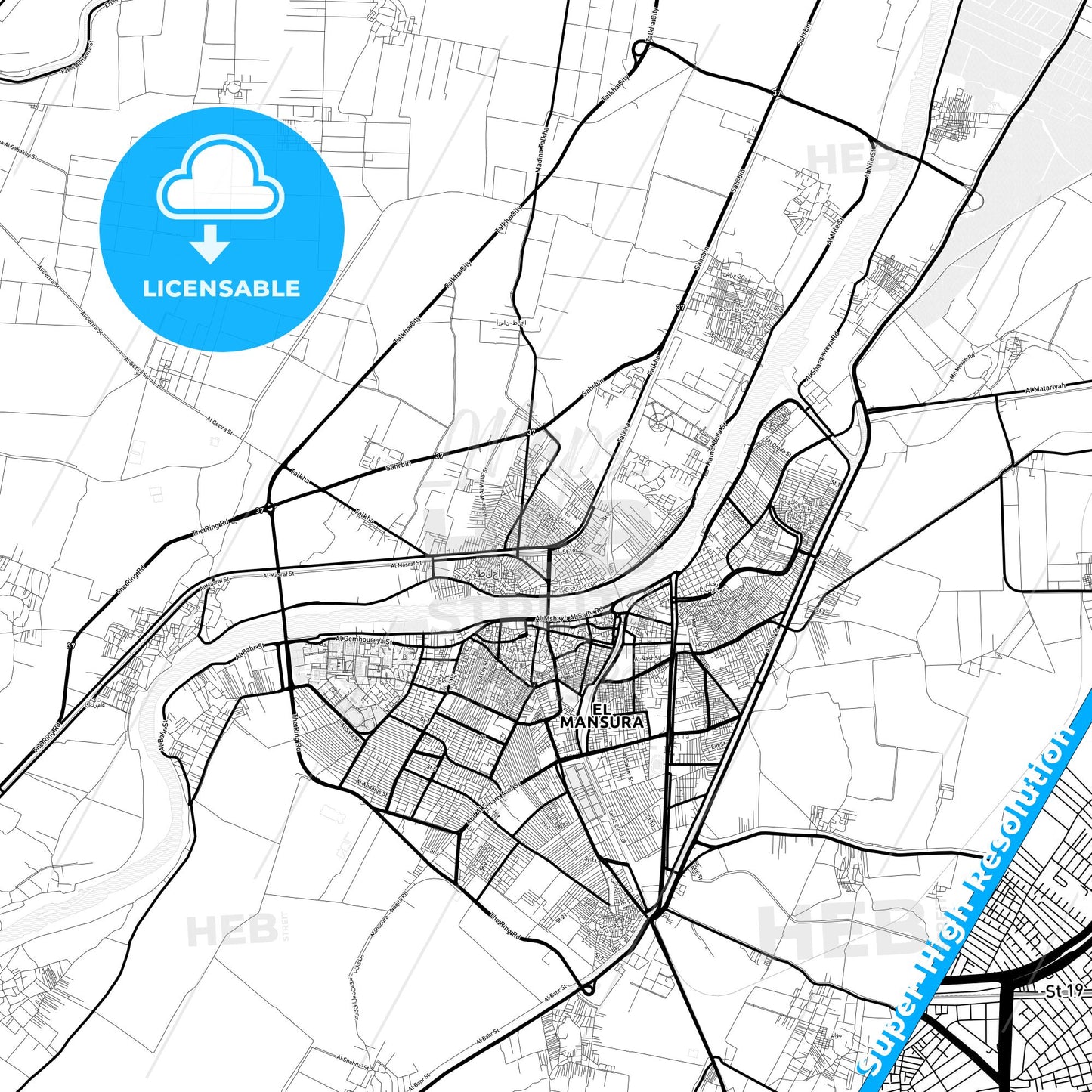 Talkha, Egypt Light Map with Street Names, City Names, and Districts