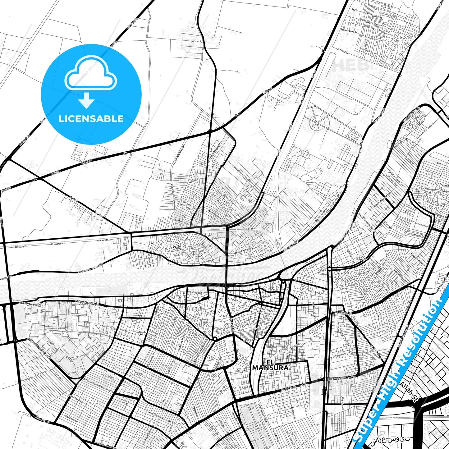 Talkha, Egypt Light Map with Street Names, City Names, and Districts