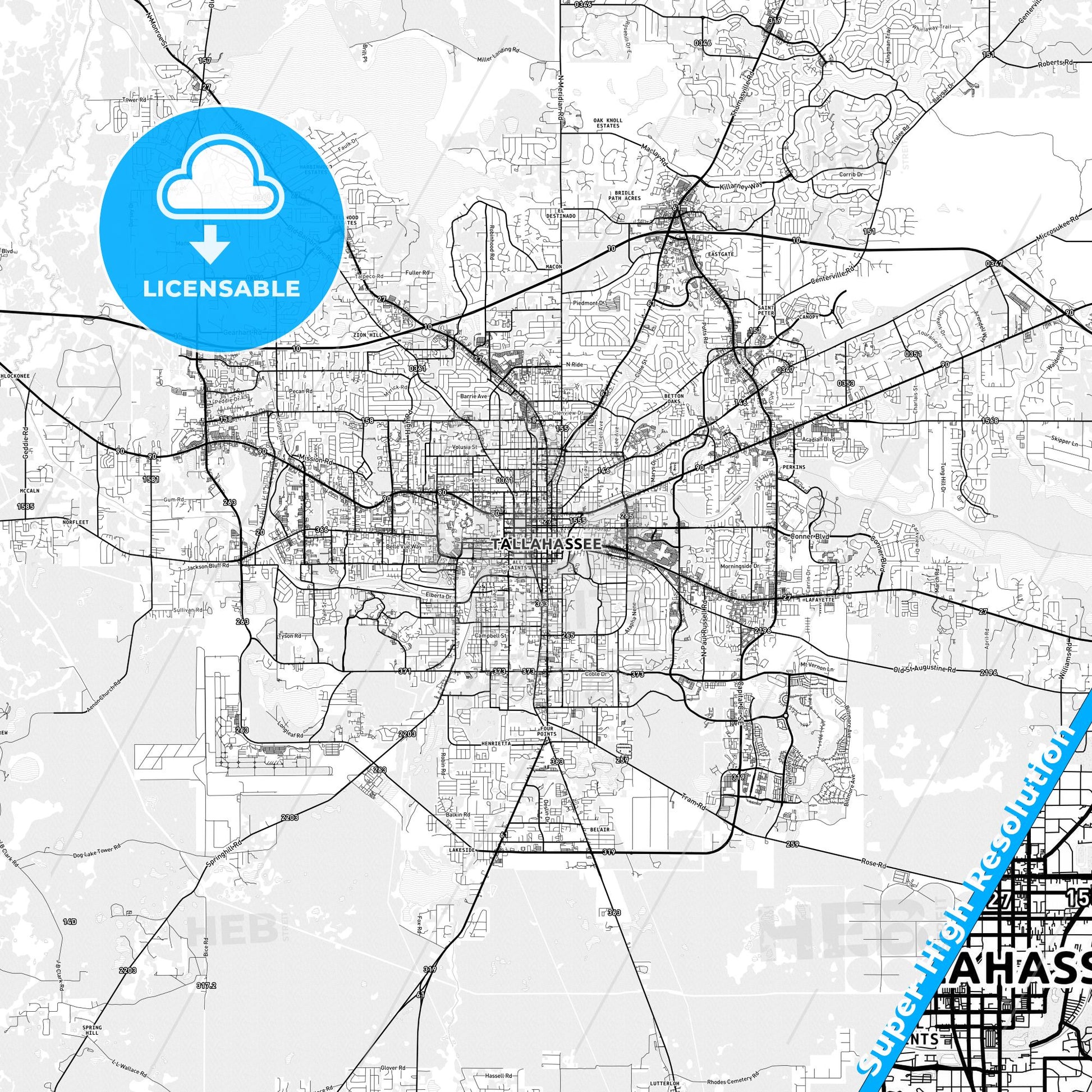 Tallahassee, Florida light map with streetnames, citynames and districts