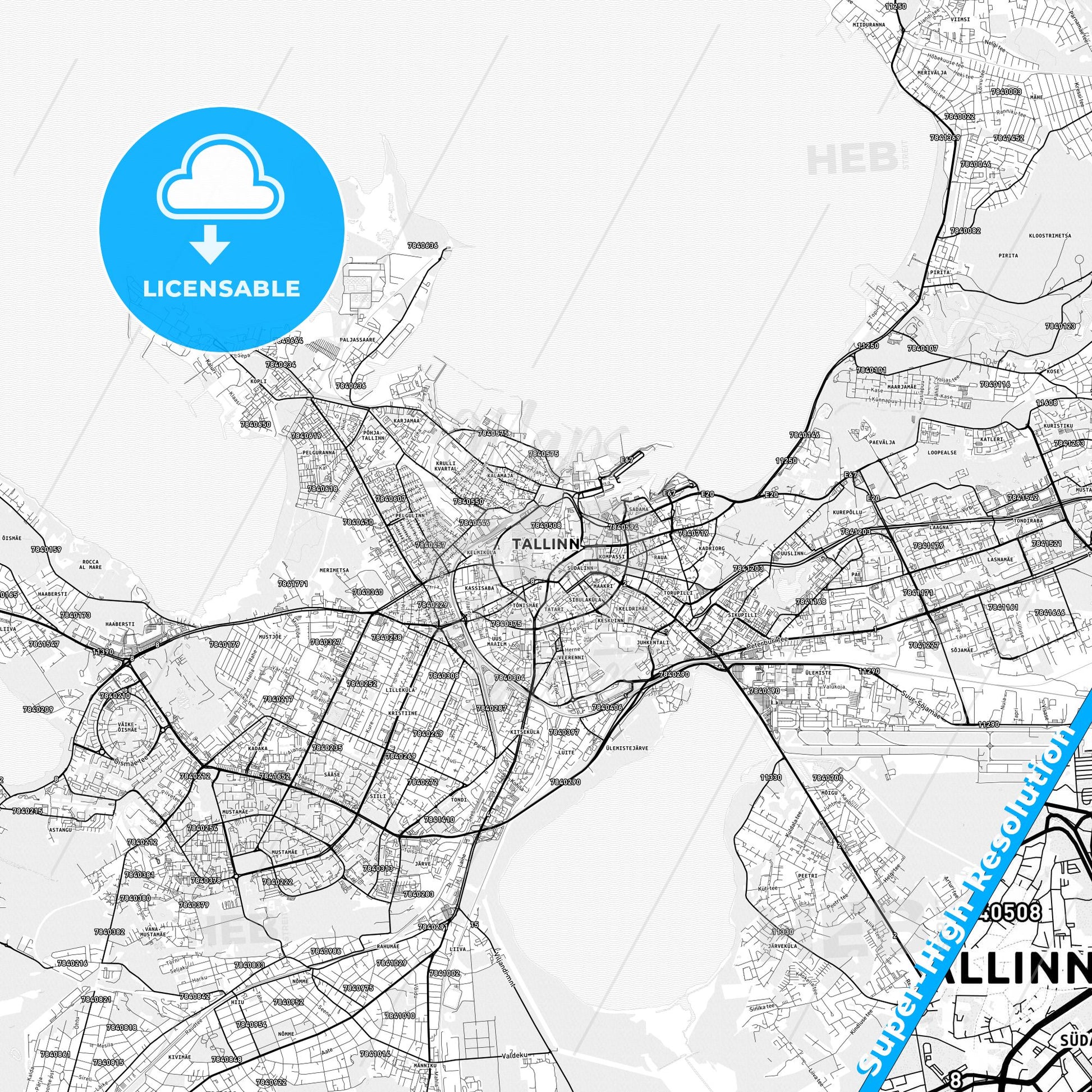 Tallinn, Estonia light map with streetnames, citynames and districts