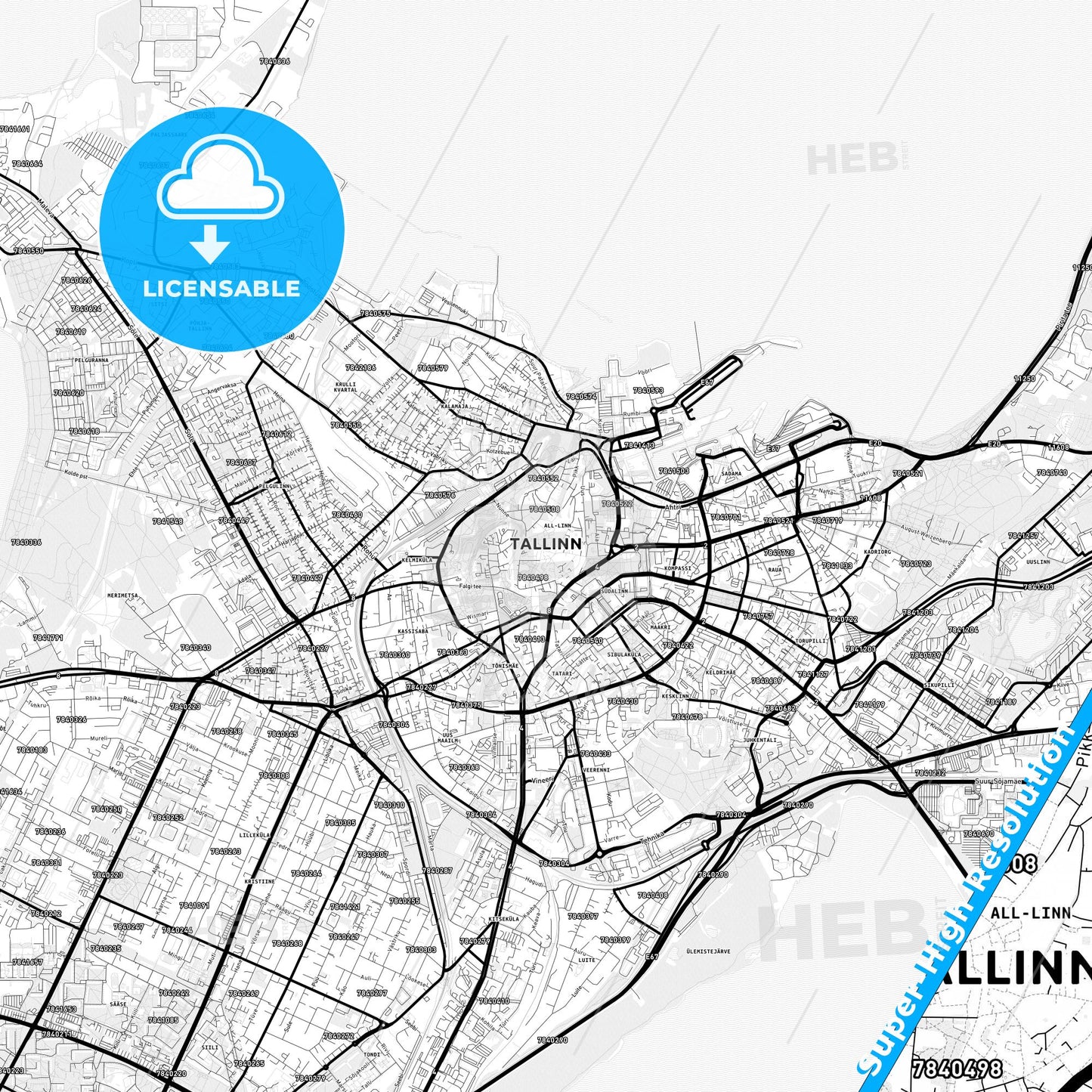 Tallinn, Estonia Light Map with Street Names, City Names, and Districts