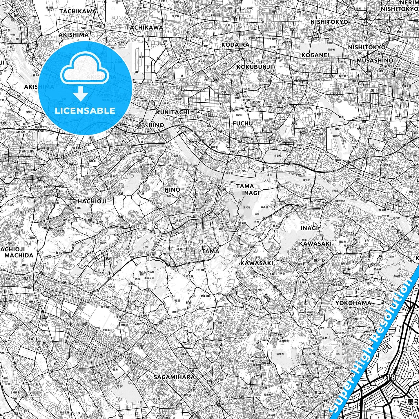 Tama, Japan light map with streetnames, citynames and districts
