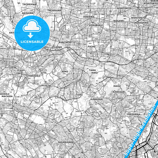 Tama, Japan light map with streetnames, citynames and districts