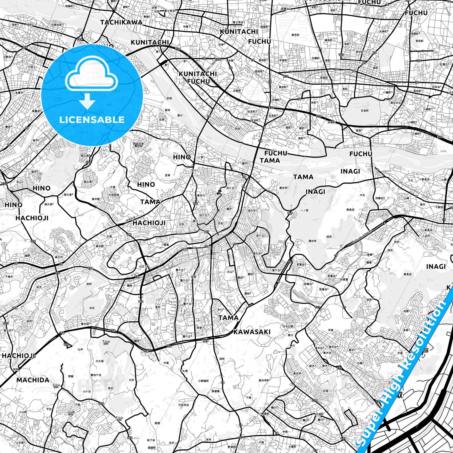 Tama, Japan Light Map with Street Names, City Names, and Districts